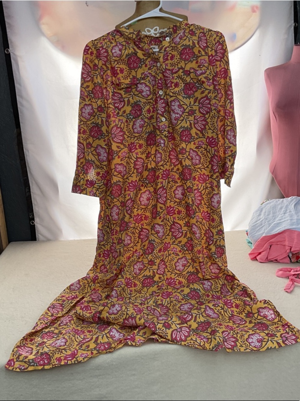 Mustard Floral Maxi Dress with Pink Blooms